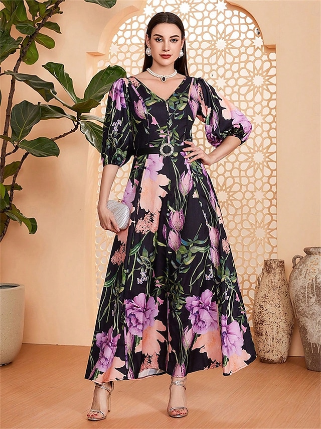  Linea ad A Abito da cerimonia per signora Elegante Scollo a V Lunghezza al pavimento Chiffon Mezza Manica con Fascia / Nastro Pieghe Fiore 2025