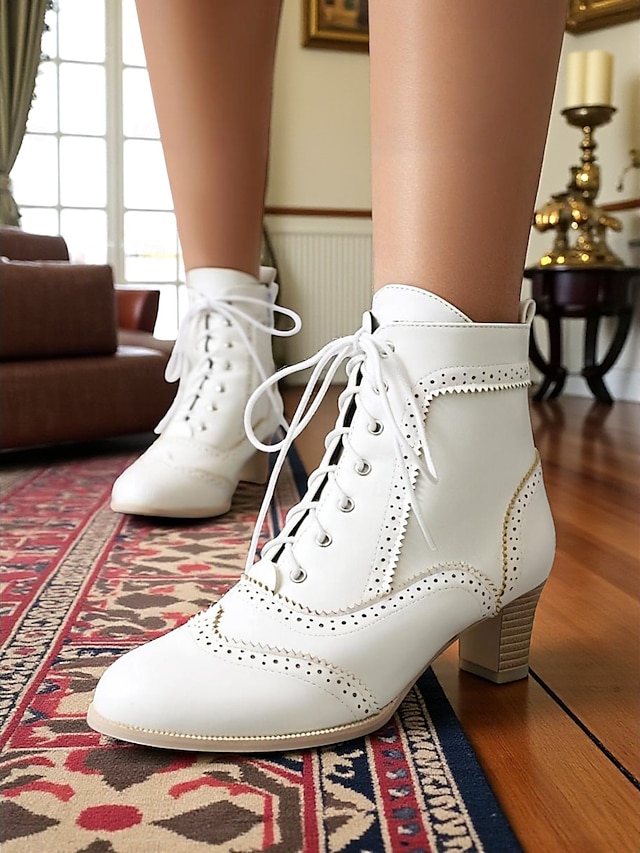  stivaletti alla caviglia stringati bianchi in stile edoardiano vittoriano da donna - stivaletti brogue vintage in pelle con tacco medio anni '90, scarpe eleganti retrò per tea party, cosplay,