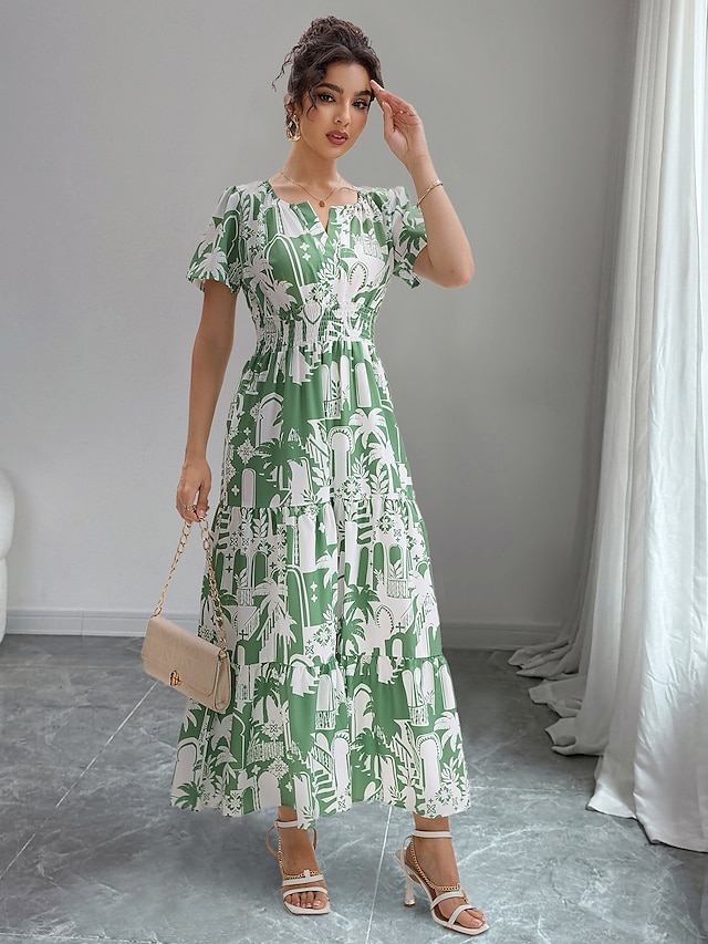  Dámské Maxi šaty Áčkové šaty prázdniny Na běžné nošení Plážový styl Párty Denní Dovolená Květinový S lístky Tropický vzhled Krátký rukáv Do V Světle zelená Léto