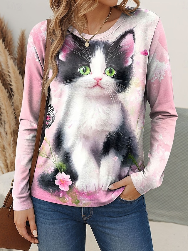  Dame T skjorte Blomstret Grafisk Katt Årgang Stilfull Klassisk Langermet Crew-hals Vanlige topper Daglig Helg Trykt mønster Rosa Blå Lilla Grønn Vår Høst