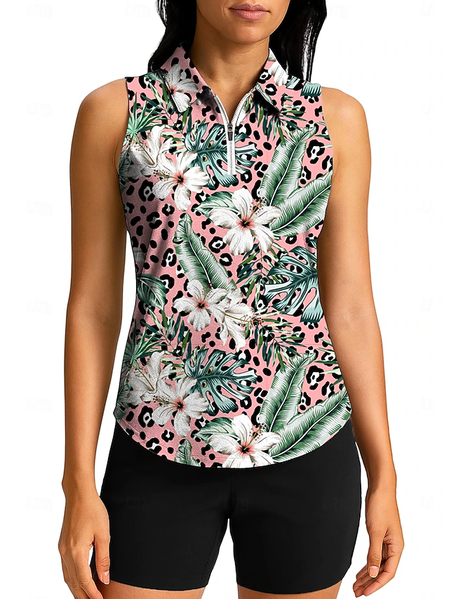 Women's Leopard Floral Tops Sport Shirt Golf Polo Shirt Tennis Shirt Sleeveless Zipper Floral UPF50+ UV Resistant High Elasticity Moisture Wicking Breathable Tennis Pickleball Running Turndown Zip4