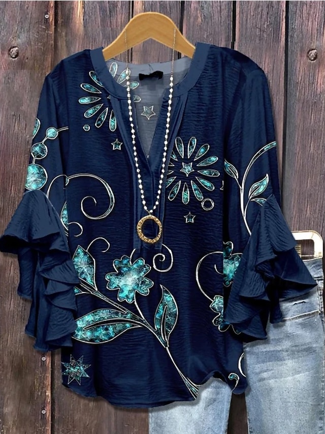  Damenbluse V-Ausschnitt Floral Grafik Elegant Bohemia Ethnisch 3/4-Ärmel Reguläre Oberteile Alltag Urlaub Freizeit Rüsche Print Königsblau Blau Helllila Khaki Sommer Frühling Herbst