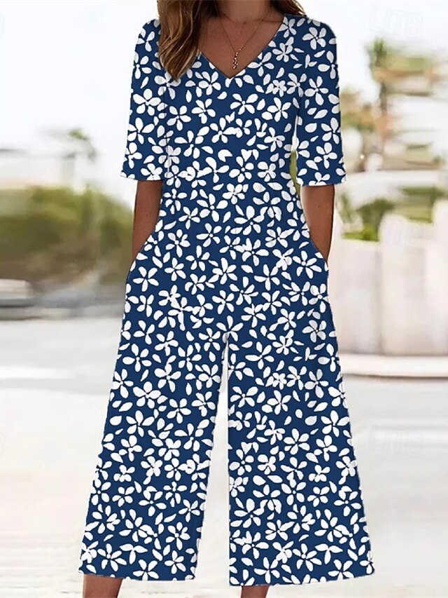  Femmes Normal Combinaison Streetwear Fleuri Manche Courte Jambe large Col en V Avec Poches Imprimé Rue Quotidien Coupe régulière Bleu Été