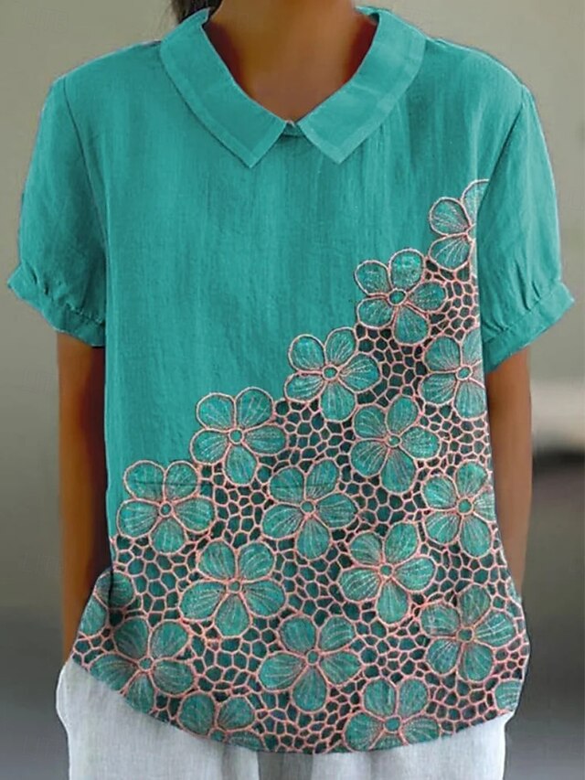 Women's Shirt Floral Daily Casual Short Sleeve Shirt Collar Regular Tops Daily Holiday Buttons Print Blue Summer Spring4