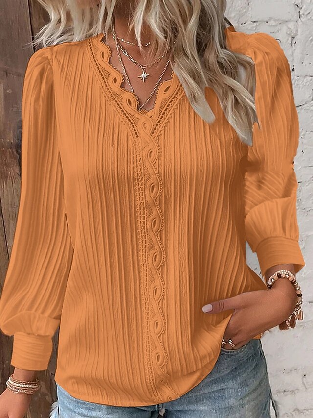Casual Daily Solid Color Lace V Neck T-Shirts(5 Colors)