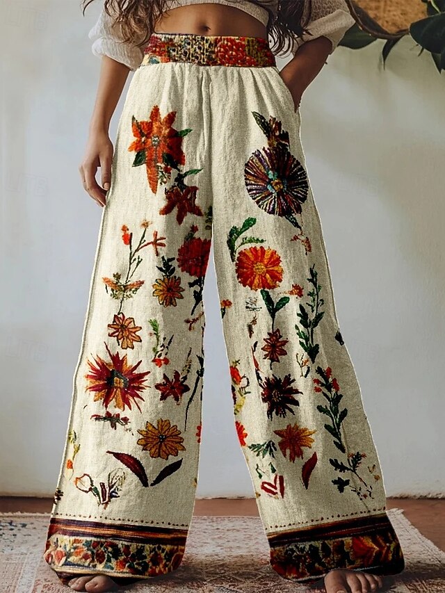 Women's Wide Leg Pants Trousers Palazzo Pants Vintage Boho Full Length High Waist Flower Elastic Waist Printing Breathability Comfortable Street Daily Wear Going out Khaki Spring Fall Regular Fit4
