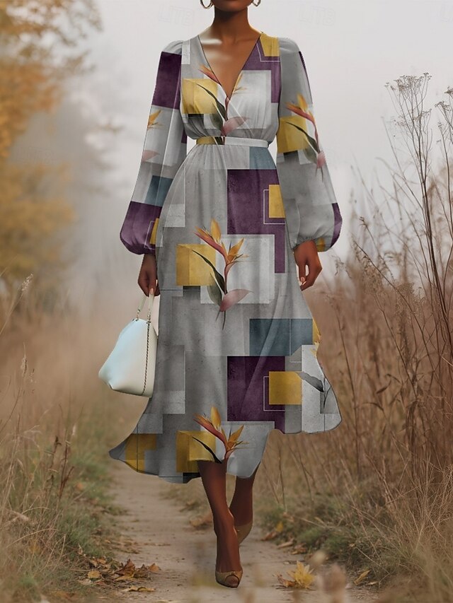  Damen Midikleid Freizeitkleid Chiffon Schwingkleid Modern Urlaub Täglich Wochenende Normale Passform Blumen Karomuster Langarm V Ausschnitt Purpur Grün Grau Sommer Frühling Herbst