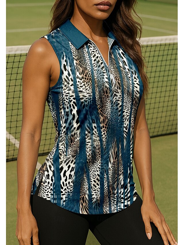 Women's Leopard Stripes Sport Shirt Golf Polo Shirt Tennis Shirt Sleeveless Zipper Floral UPF50+ UV Resistant High Elasticity Moisture Wicking Breathable Tennis Golf Pickleball Shirt Top Blue Tennis4