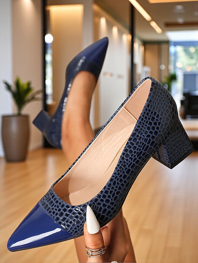  Marineblaue Pumps aus Lackleder mit Blockabsatz für Damen – elegante Schuhe mit Krokodilprägung und spitzer Spitze fürs Büro, Partys und formelle Anlässe
