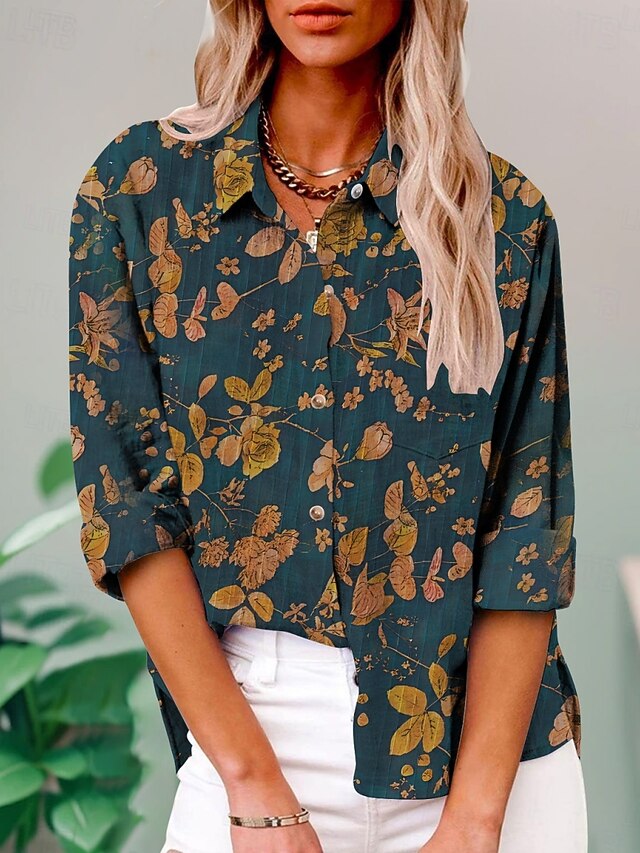 Women's Shirt Floral Active Daily Stylish Long Sleeve Shirt Collar Regular Tops Daily Holiday Buttons Print Blue Summer Spring Fall4