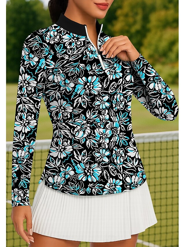 Women's Plants Floral Tops Golf Polo Shirt Tennis Shirt Long Sleeve Print Quarter Zip Pullover UPF50+ UV Protection Elastic Breathable Tennis Golf Pickleball Stand Collar Zip Collar Jacket Shirt Blue4