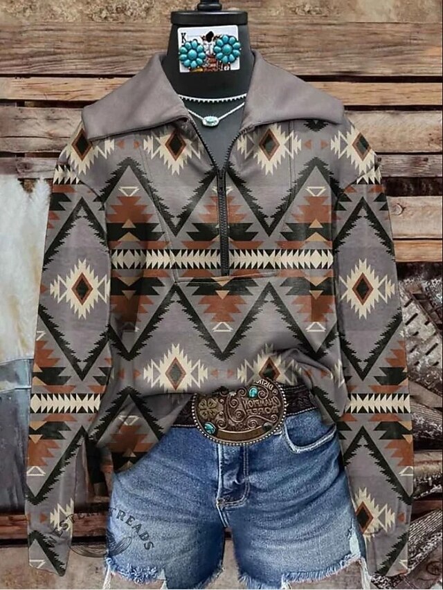 Women's Pullover Sweatshirt Geometric Casual Long Sleeve Square Neck Regular Tops Home Street Dailywear Brown Fall3