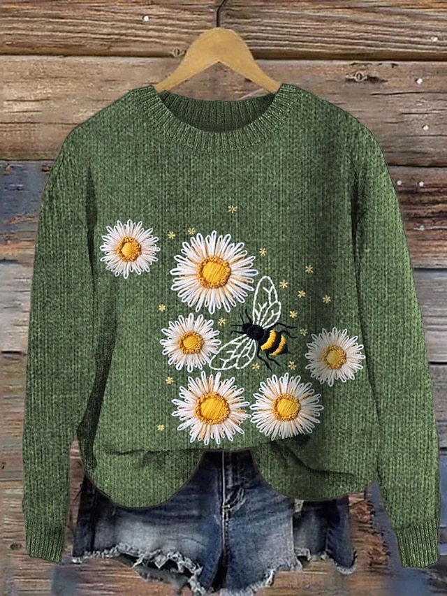  Femmes Pull Occasionnel Doux Animal Côtelé Col ras du cou Tricoté Imprimé manche longue Hauts Réguliers Tricoter Extérieur Quotidien Week-end Vert foncé Vert Automne Hiver