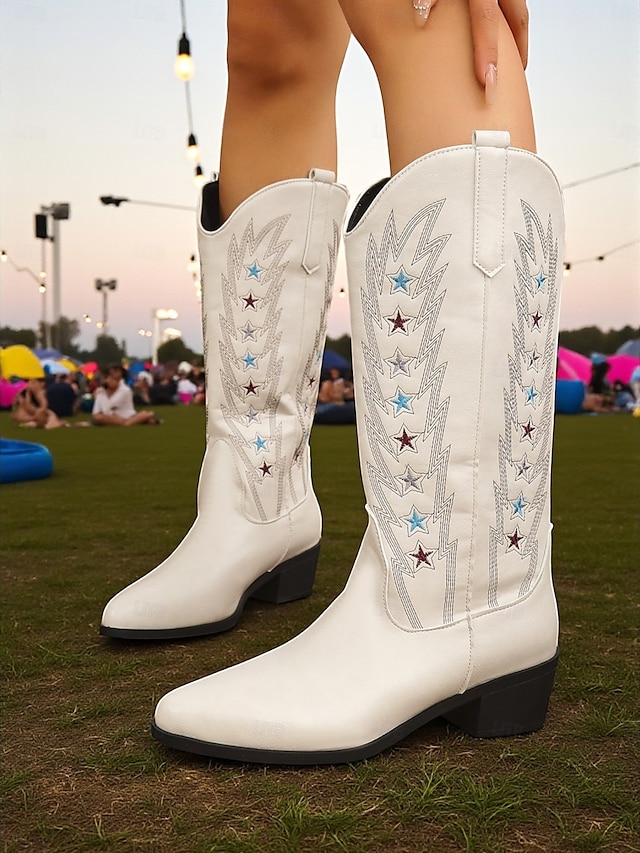  Women's Brown Western Cowboy Boots with Star Embroidery - Comfortable Block Heel Ankle Boots for Country Music Festivals, Outdoor Events, and Everyday Wear