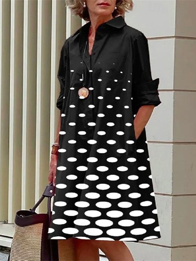  Pentru femei Rochii Midi Rochii Tip Cămașă Rochie casual Modă Modern Zilnic Plajă Sfârșit de săptămână Fit regulat Punct Manșon Lung Guler Cămașă Negru Alb Roșu-aprins Primăvară Toamnă