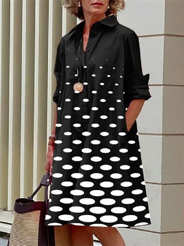 Women's Midi Dress Shirt Dress Casual Dress Fashion Modern Daily Beach Weekend Regular Fit Dot Long Sleeve Shirt Collar Black White Red Spring Fall4