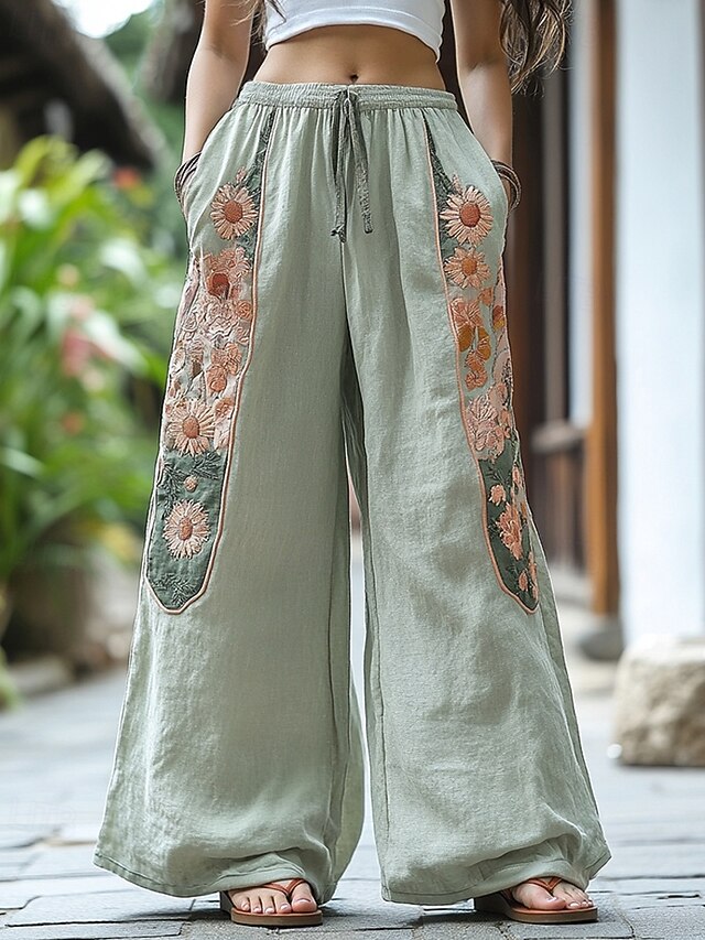 Women's Wide Leg Pants Trousers Palazzo Pants Fashion Boho Full Length High Waist Flower Elastic Waist Drawstring Print Breathability Comfortable Street Daily Wear Going out Light Green Spring Fall4