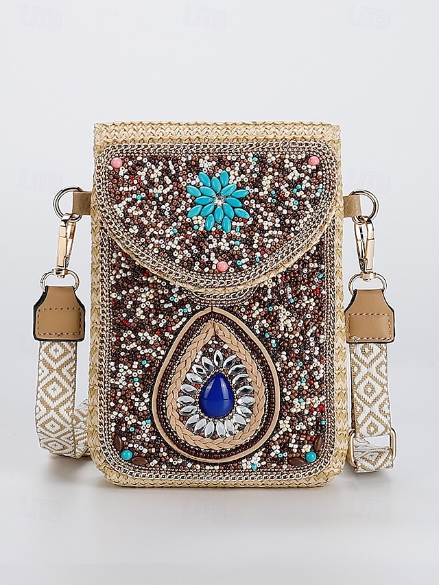  Borsa a tracolla con perline da donna con design a farfalla colorata, stile bohémien, borsa a tracolla casual e da viaggio per donna, perfetta per spiaggia, vacanze e gite estive