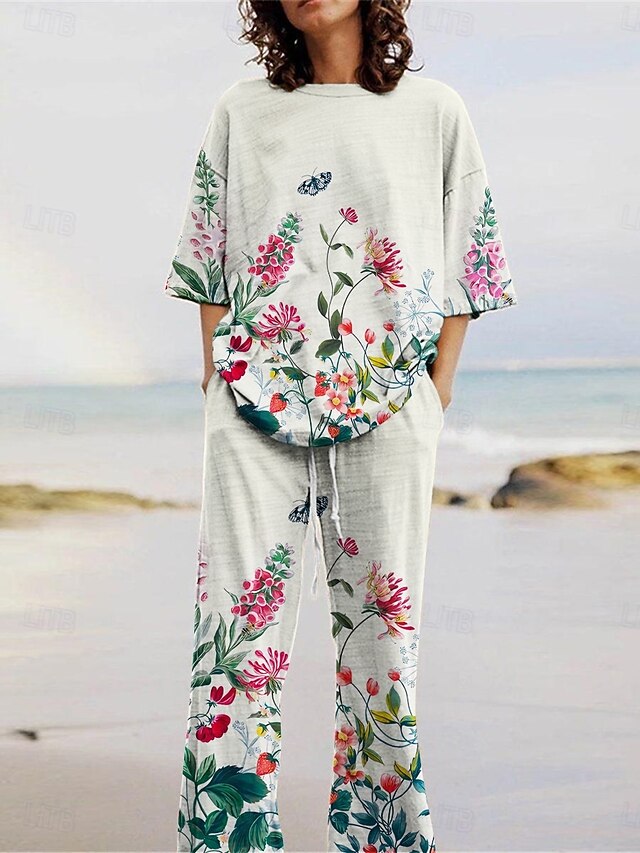 Women's Active Fashion Pants Sets 3/4 Length Sleeve Crew Neck Floral Print Vacation Daily Holiday White Summer Regular Fit4