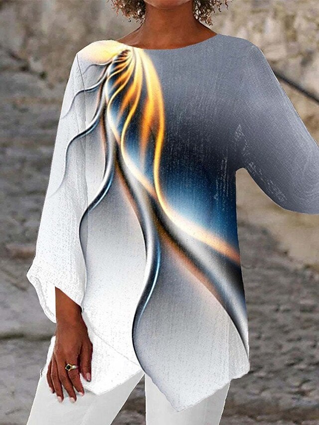 Women's T Shirt Tee Top Graphic Fashion Modern Long Sleeve Crew Neck Regular Tops Daily Print Asymmetrical Gray Spring Fall4