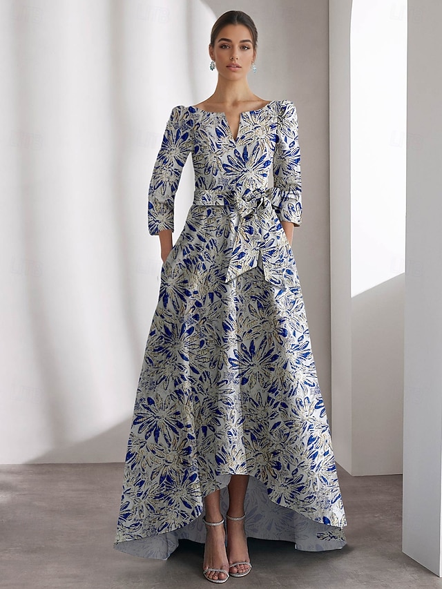  vestido jacquard floral azul, vestidos de coquetel em linha A, vestido formal de gala com gravata preta, manga 3/4, decote em V com bolso, 2025