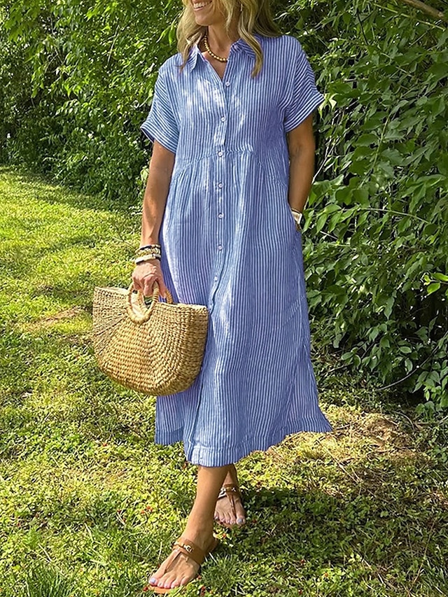 Femmes Robe Longue Maxi Robe Robe Chemise Robe Décontractée Mode Extérieur Soirée Fête Coupe régulière Rayé Manche Courte Col de chemise Noir Blanche Jaune Rose Claire Été