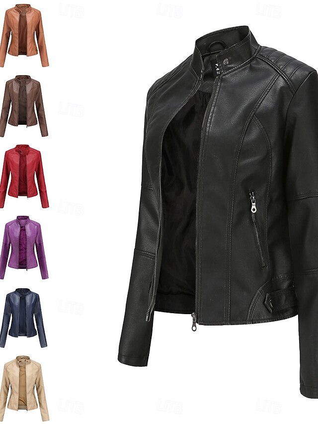  Per donna Giacca in Ecopelle Confortevole Tasca Cerniera completa Moda Stile da Strada Semplice All'aperto Casual Quotidiano Regolare Collo alla coreana Vestibilità regolare Manica Lunga Capispalla