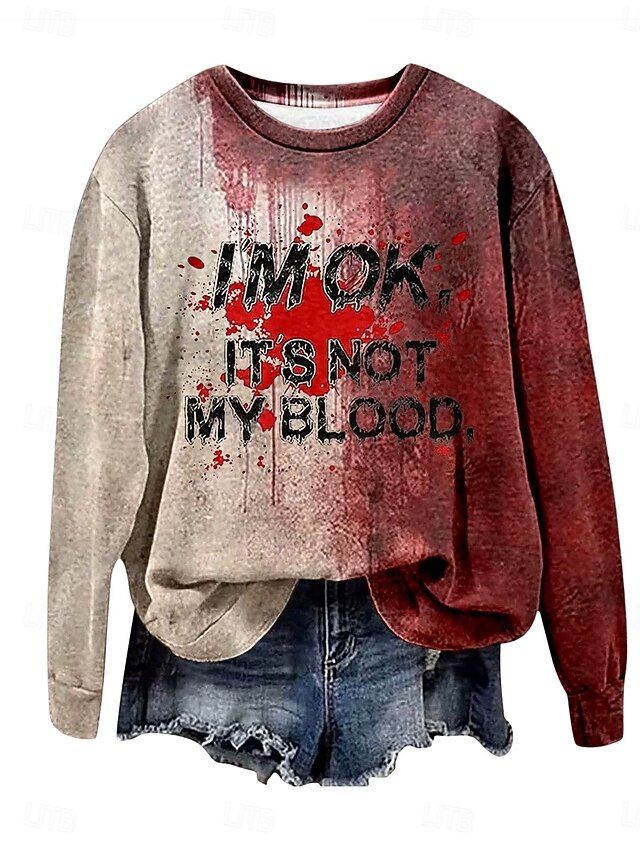 Halloween Women's Pullover Sweatshirt Letter Punk Retro Casual Long Sleeve Crew Neck Regular Tops Party Evening Wear Street Casual Print Wine Red Khaki Spring Fall Winter4