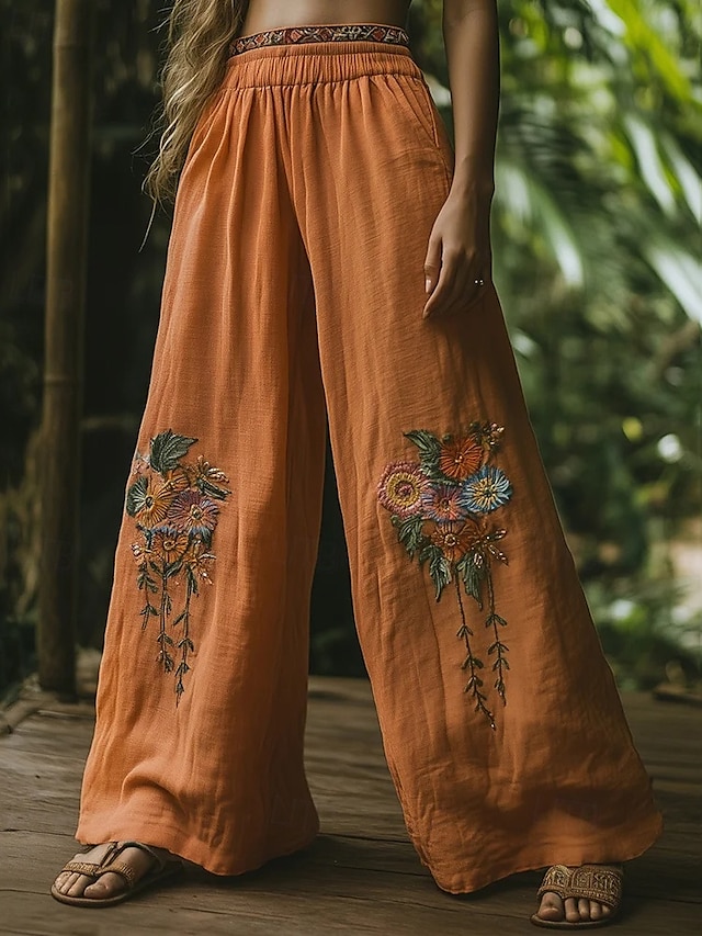  Women's Wide Leg Pants Trousers Palazzo Pants Fashion Boho Full Length High Waist Flower Elastic Waist Print Breathability Comfortable Street Daily Wear Going out Orange Spring Fall Regular Fit