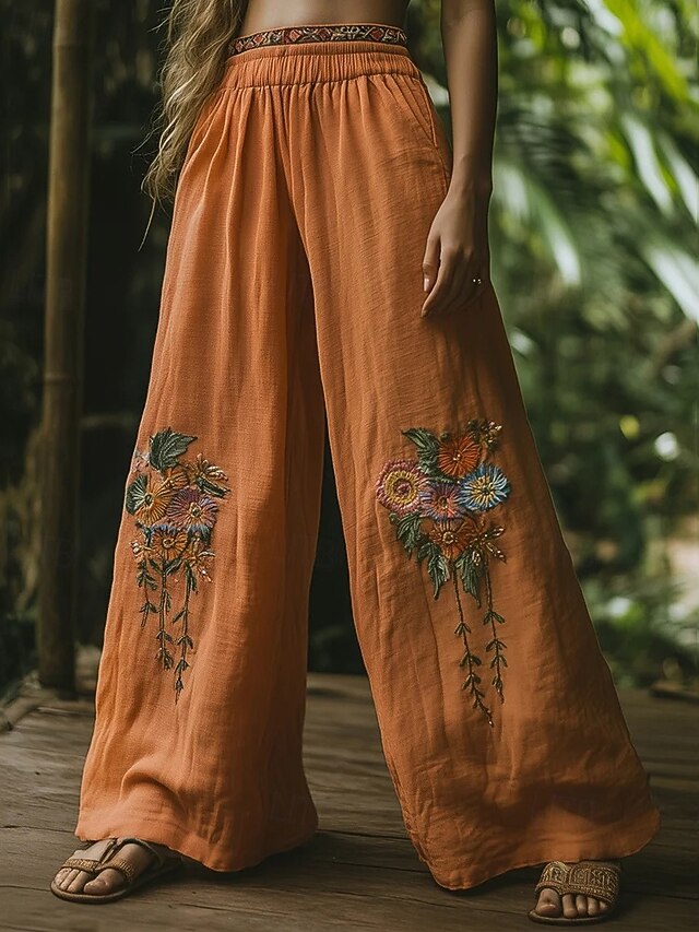 Women's Wide Leg Pants Trousers Palazzo Pants Fashion Boho Full Length High Waist Flower Elastic Waist Print Breathability Comfortable Street Daily Wear Going out Orange Spring Fall Regular Fit4