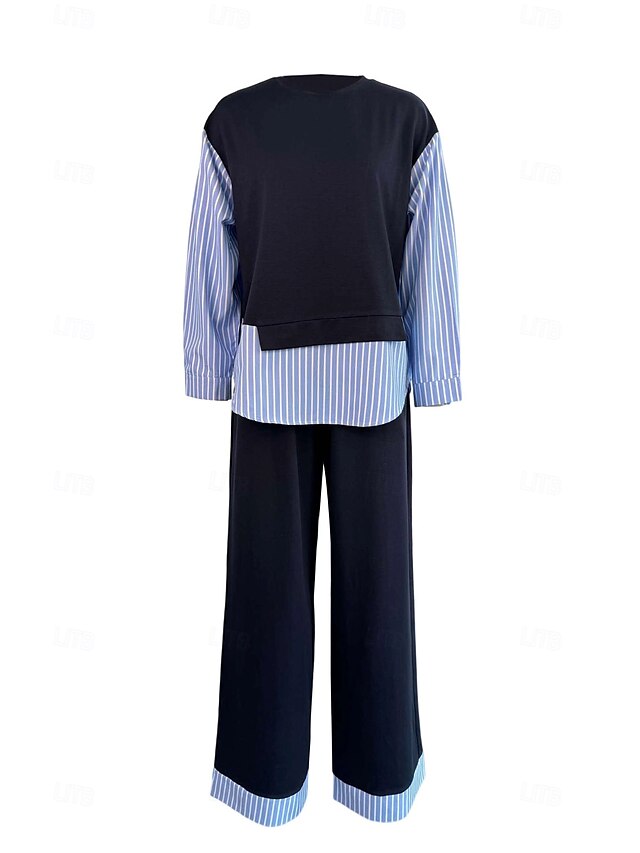  Femmes Élégant ancien Quotidien Ensembles de Pantalons manche longue Col rond Rayé Patchwork Vacances Travail Occasionnel Bleu Printemps Coupe Ample