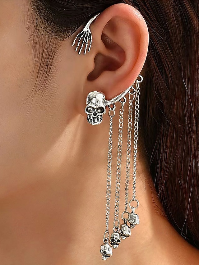  Women's Halloween Skeleton Skull Drop Earrings Set – Gothic Punk Ear Cuffs with Dangling Chains for Costume Party & Cosplay