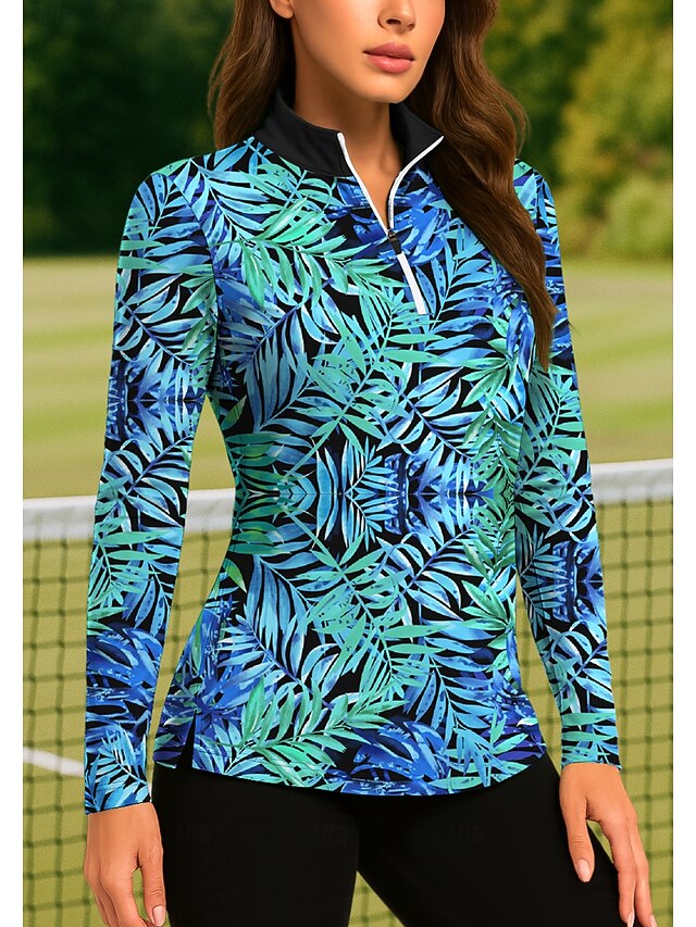 Women's Plants Tropical Floral Botanical Tops Golf Polo Shirt Tennis Shirt Long Sleeve Print Quarter Zip Pullover UPF50+ UV Protection Elastic Breathable Tennis Golf Pickleball Stand Collar Zip Collar4