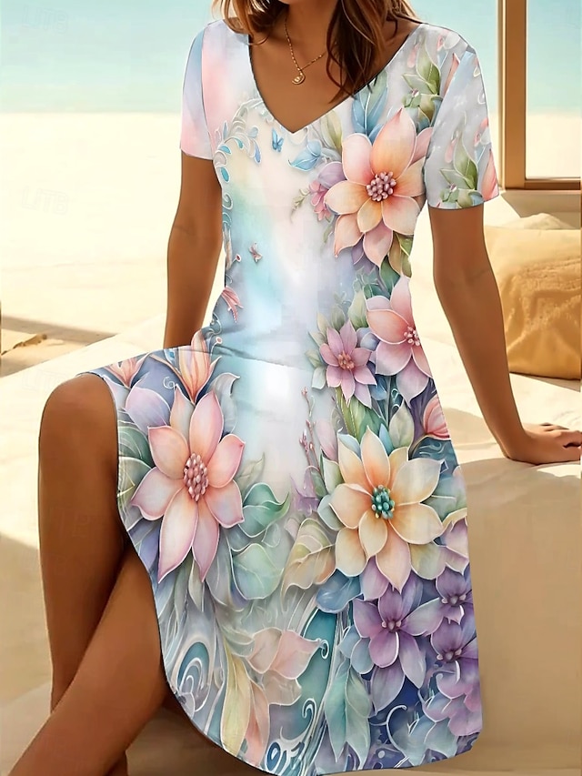  Femmes Mini Robe Robe T-Shirt Robe d'Été Robe trapèze Vacances Occasionnel Chaussures de plage Sortir Plage Fleuri Graphique Manche Courte Col en V Vert Claire Marron clair Violet Lilas Été