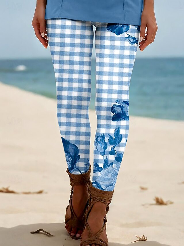 Women's Leggings Vacation Vintage Ethnic Style Ankle-Length High Waist Floral Graphic Plaid Checkered 3D Print Breathability Soft Comfortable High Elasticity Outdoor Vacation Home Light Brown Light4