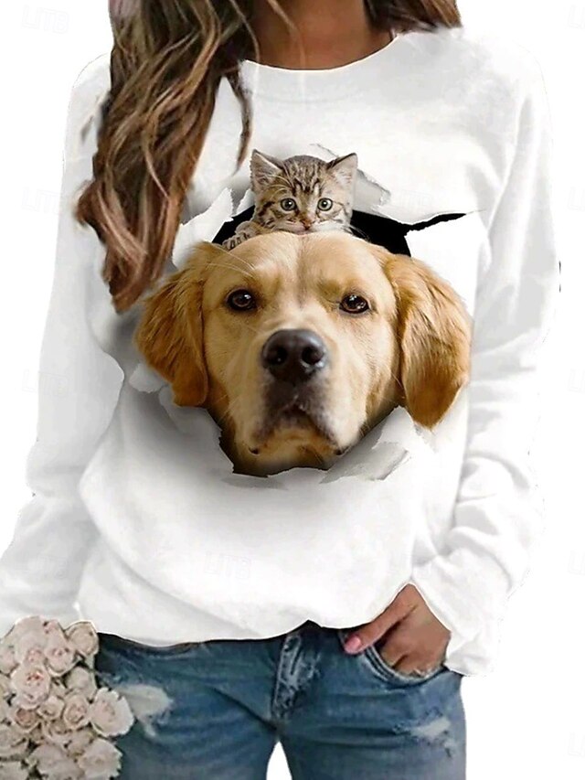 Women's Pullover Sweatshirt Hoodies Graphic Cat Dog Fashion Casual Long Sleeve Crew Neck Regular Tops Street Dailywear Print White Spring Fall Winter4