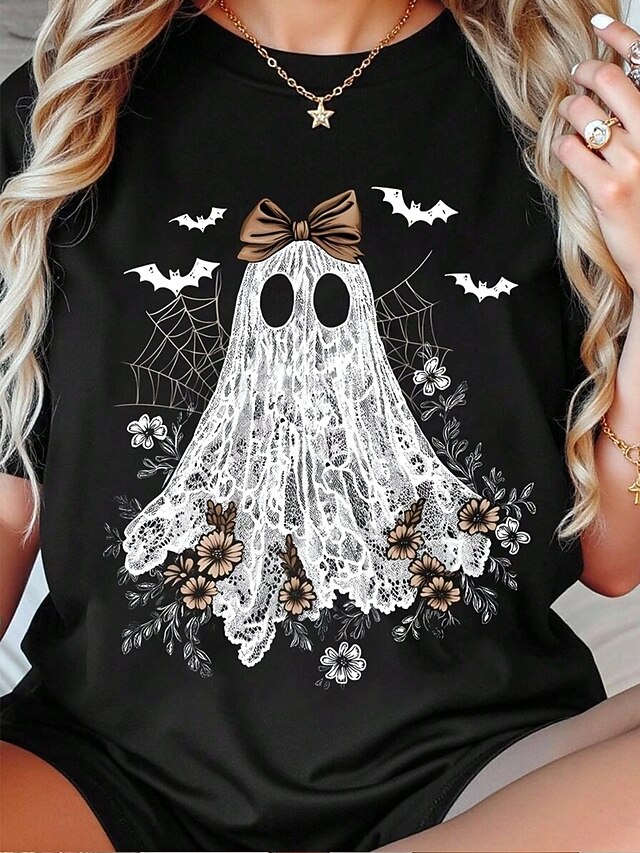 Halloween Women's T shirt Ghost Graphic Skull Vintage Stylish Classic Short Sleeve Crew Neck Round Neck Regular Tops Daily Weekend Print Black Summer Spring Fall4