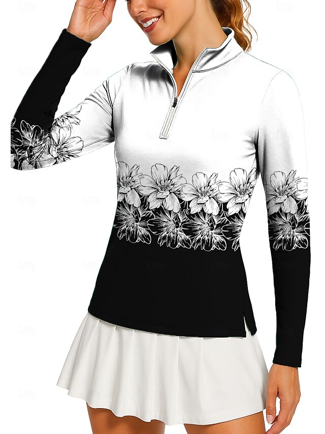 Women's Geometric Floral Golf Polo Shirt Tennis Shirt Tennis Tee Long Sleeve Print Quarter Zip Pullover UV Protection Elastic Breathable Tennis Golf Pickleball High Neck Zip Collar Shirt Polo Black4