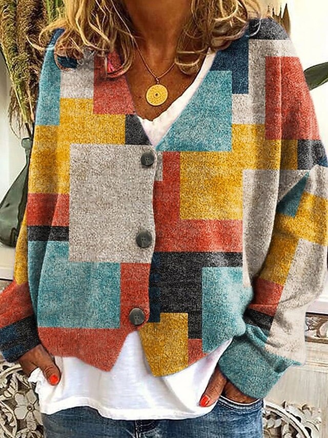 Women's Sweater Cardigan Fashion Streetwear Daily Plaid Color Block Ribbed V Neck Knitted Print Long Sleeve Regular Tops Knit Holiday Going out Weekend Yellow Fall Winter4