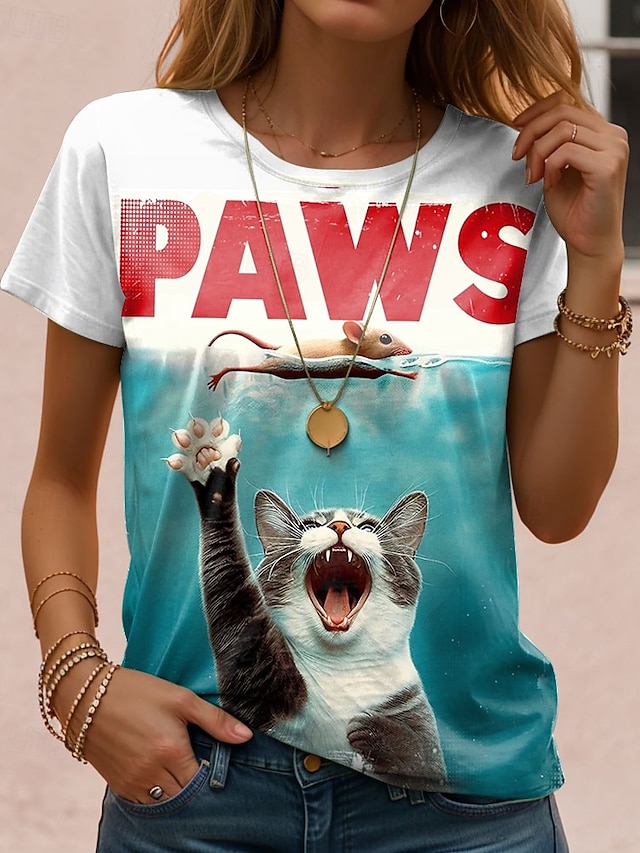  Women's T Shirt Graphic Cat Letter Vintage Stylish Classic Short Sleeve Crew Neck Regular Tops Daily Weekend Print Blue Purple Green Khaki Summer Spring