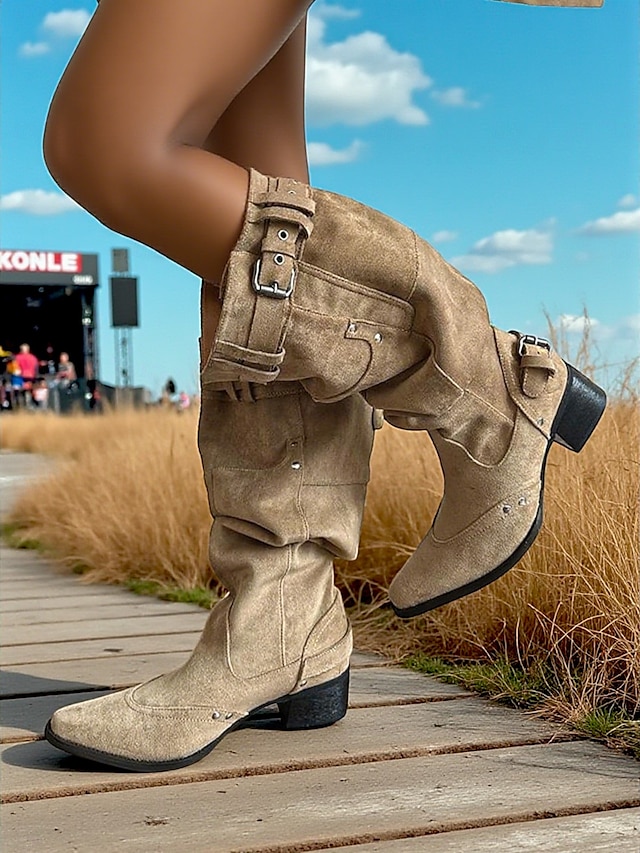  Bottes de cowboy en daim souples pour femmes - Bottes mi-mollet à boucle western avec talon bas, chaussures d'équitation décontractées pour l'extérieur et les festivals de musique