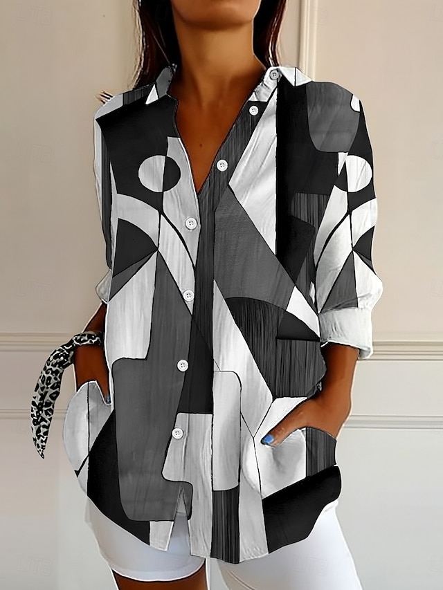  Damen Hemd Knopfverschluss Tunika Hemd Kragen Langarm Grafik Geometrisch Abstrakt Vintage Alltag Stilvoll Regular Tops Arbeit Alltag Feiertag s Print Schwarz und Weiß Pink Blau Lila Grün Frühling
