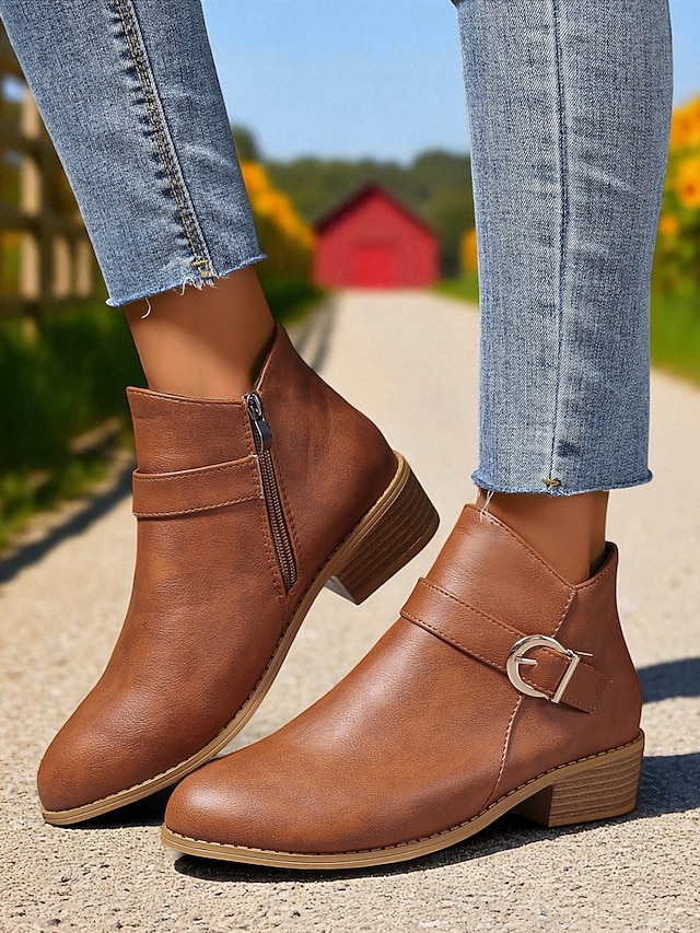  Botines marrones de piel sintética para mujer: botines de tacón bajo con hebilla y cremallera lateral para salidas de otoño, paseos por el campo y uso diario.