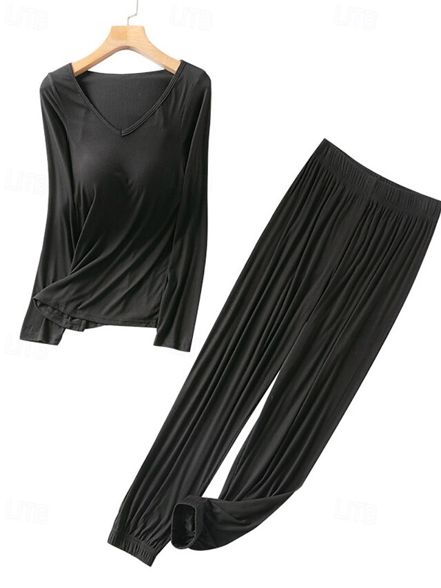 Women's Pajamas Comfort Pure Color Ruched T Shirt Pant Home Daily Bed Long Sleeve V Neck Black Light Grey Light Blue Fall4