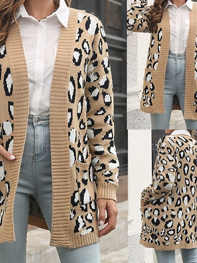  Dame Cardigan Afslappet Leopard Tyk V-hals Strikket Langærmet Lange toppe Strikke Daglig Ferie I-byen-tøj Brun Efterår Vinter