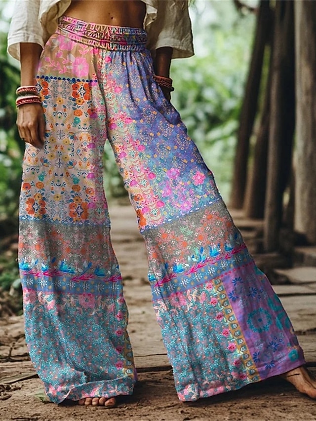  Femmes Jambe large Pantalons Pantalon palazzo Mode Boho Longueur complète Taille haute Fleur Taille Élastique Imprimé Respirabilité Confortable Rue Tenue quotidienne Sortir Bleu Orange Vert Printemps