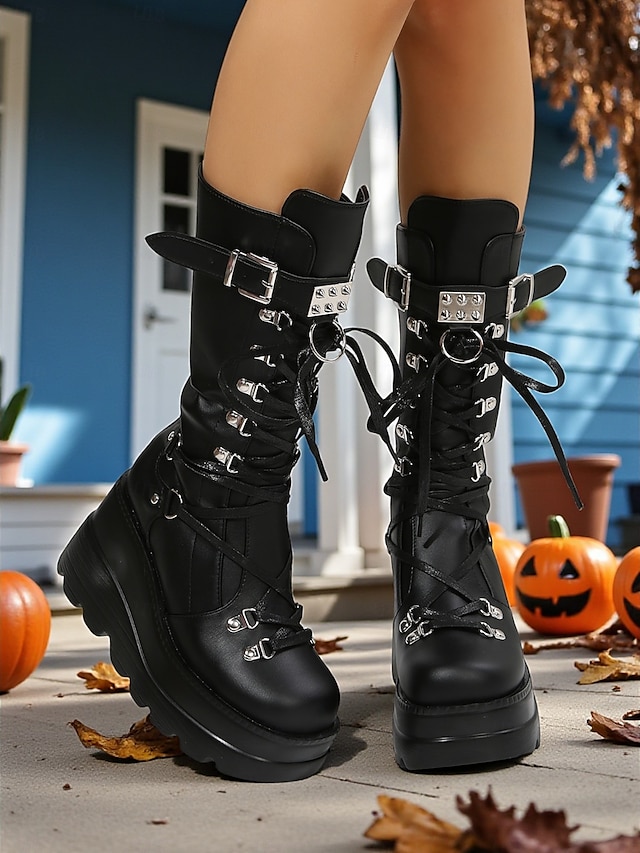  Femmes Bottes Bottes à plateforme Soirée Bottes Mi-Mollet Rivet Boucle Broderie Plateau Bout Rond Punk Gothique Marche PU Fermeture éclair Noir