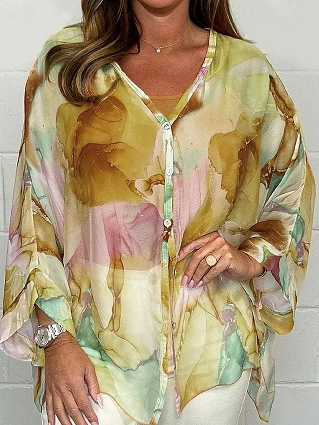  Women's Shirt Chiffon Tops Floral Stylish Modern Long Sleeve Shirt Collar Regular Tops Daily Holiday Buttons Print Black Yellow Pink Royal Blue Blue Spring Fall