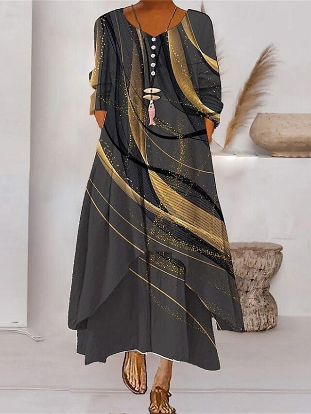  Damen Langes Kleid Maxikleid Freizeitkleid Druckkleid Mode Modern Täglich Strand Wochenende Normale Passform Grafik Dreiviertelarm V Ausschnitt Blau Grau Frühling Herbst