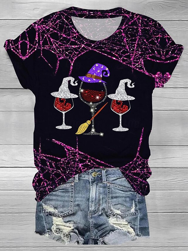 Halloween Women's T Shirt Graphic Wine Glass Modern Casual Trendy Short Sleeve Round Neck Regular Tops Daily Going out Weekend Print Purple Orange Summer Fall3